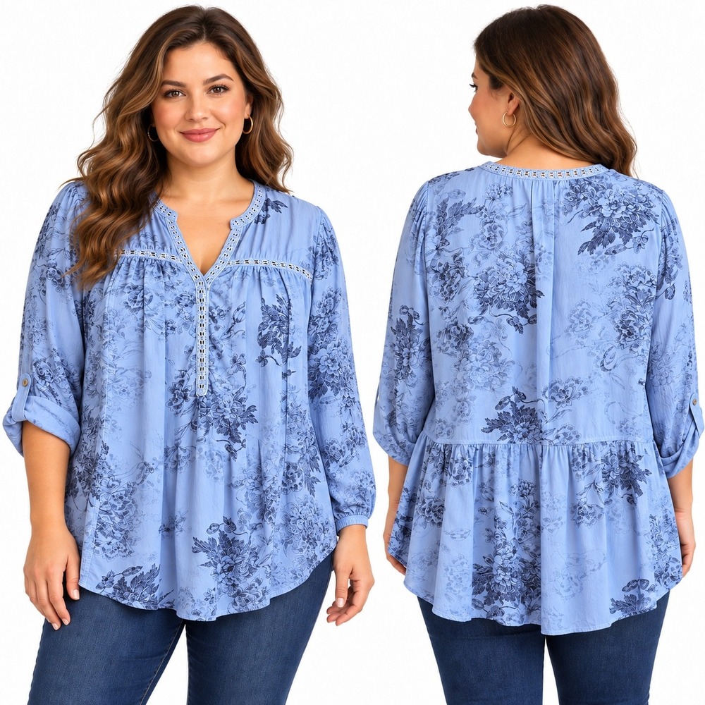 Vintage America Blues XXL Floral Peplum Blouse Blue Crochet Trim Roll Tab Sleeve